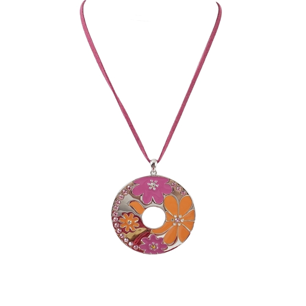 Vintage Y2K Lia Sophia boho pendant necklace orange silver pink leather